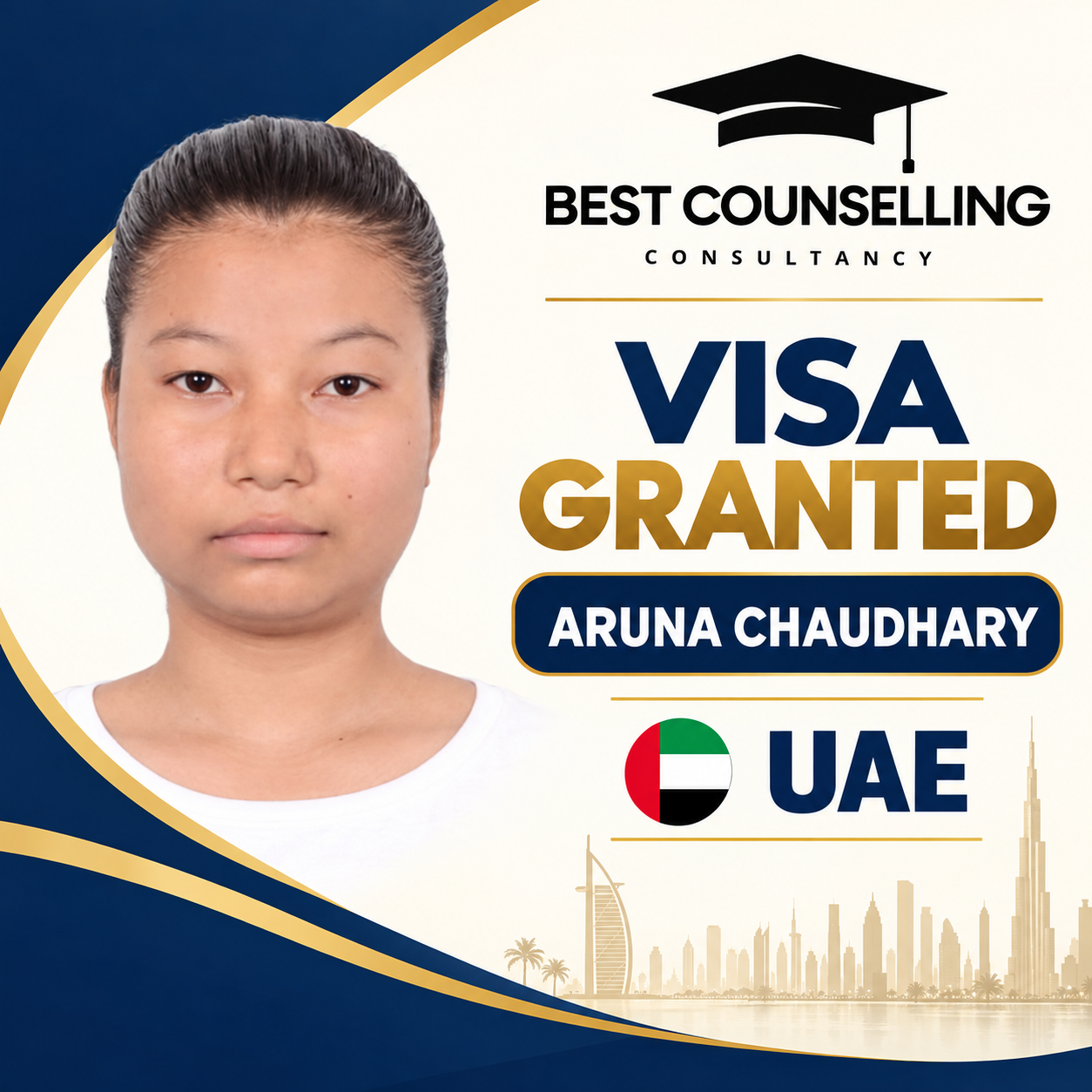 Best Counselling Consultancy congratulates Aruna Chaudhary on her UAE visa